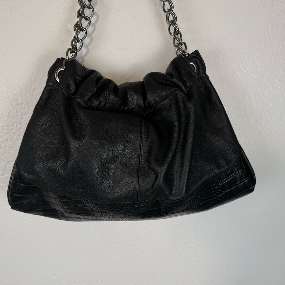 Vintage LEATHEROCK USA Black Pebbled Leather Jewel Studded Rocker Hobo Y2K Biker - Picture 11 of 16